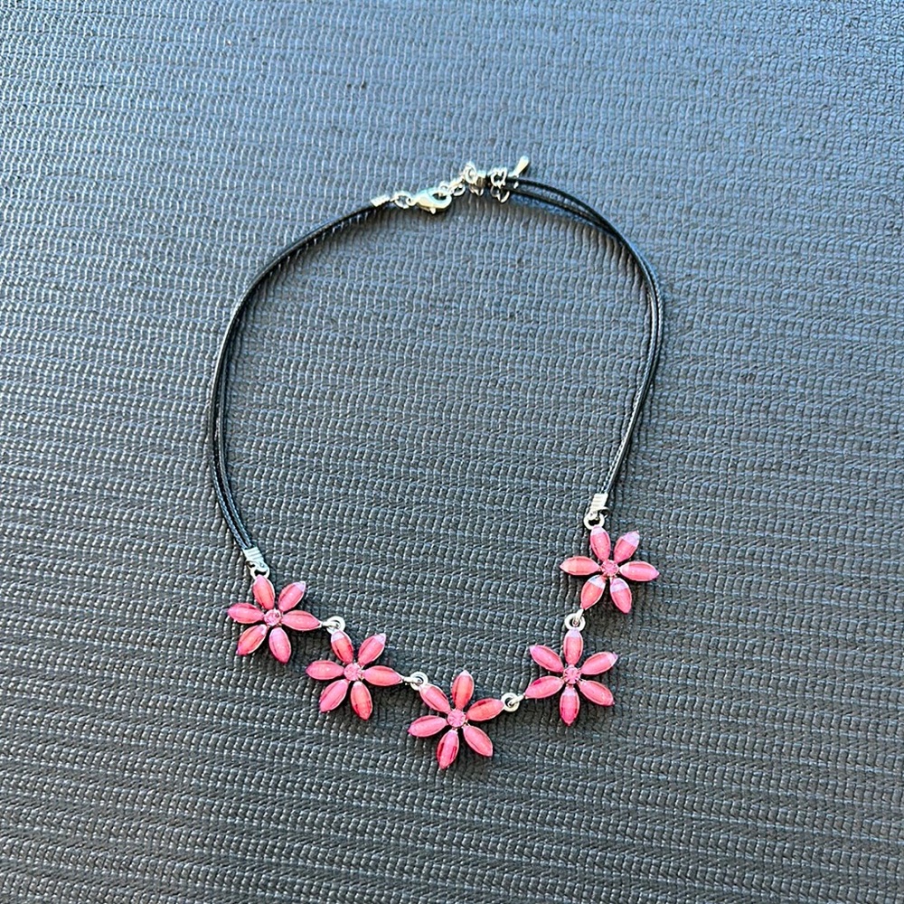 💜5 for $25 Pink Flower Necklace with Black Cord